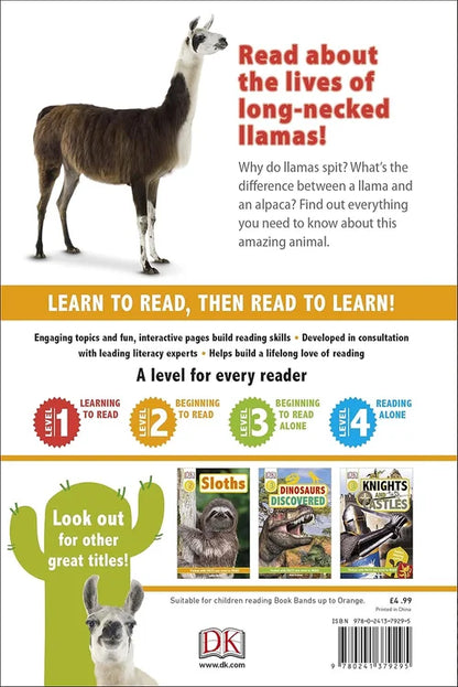 Book cover with a llama illustration and text about long-necked llamas and reading levels.