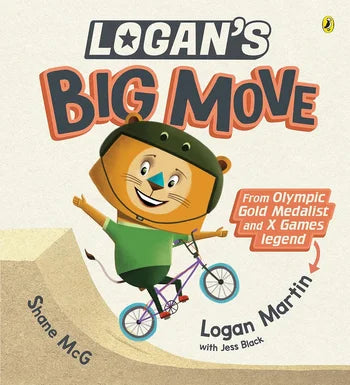 Book cover of 'Logan's Big Move' featuring a cartoon lion on a bike.