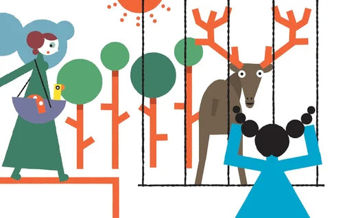 Illustration of a woman with a camera, a deer, and a child in a forest setting.