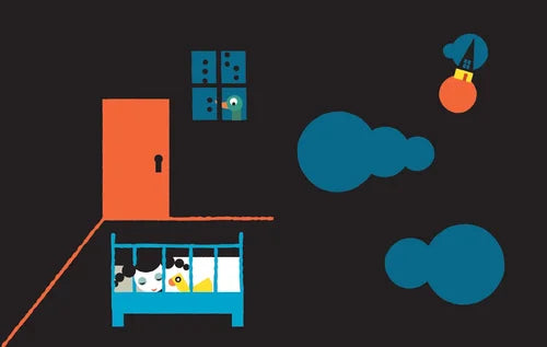 Cartoon illustration of a room with a bed, door, and window on a black background