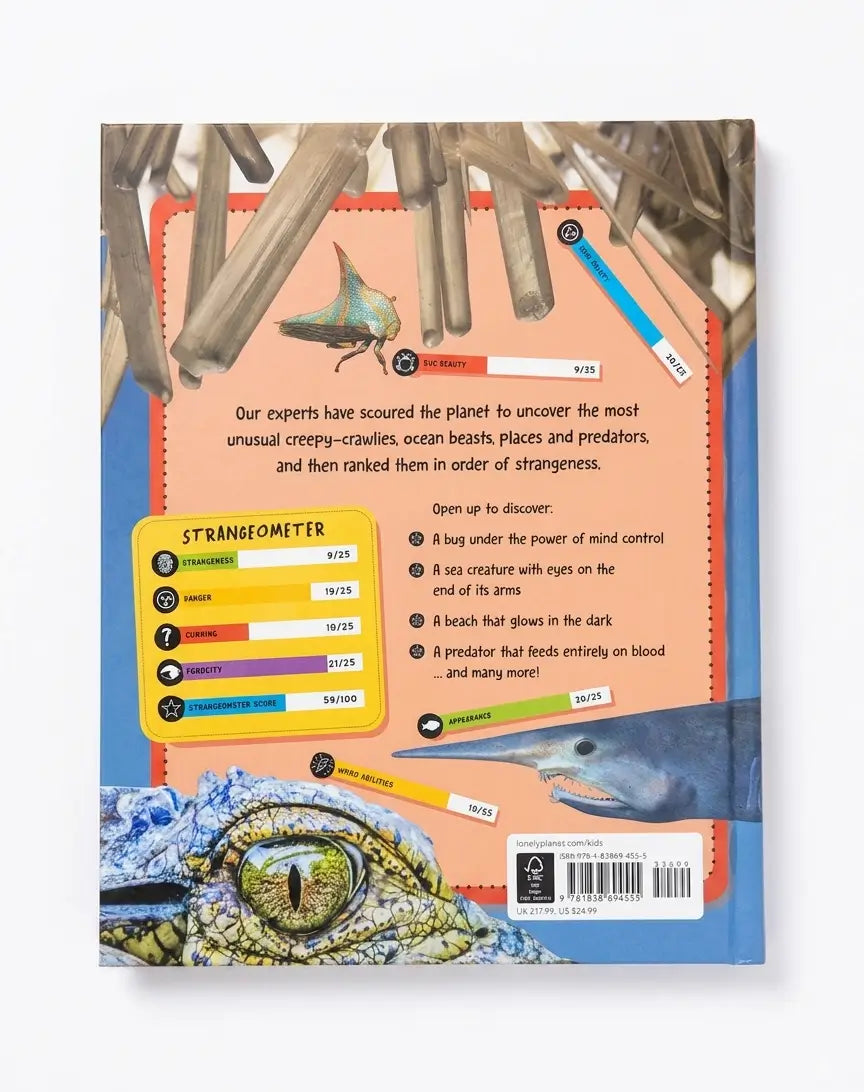 The back cover of a children's science book titled 'Strainometer' featuring colorful illustrations of marine life, a wooden dock, and a yellow gauge chart.