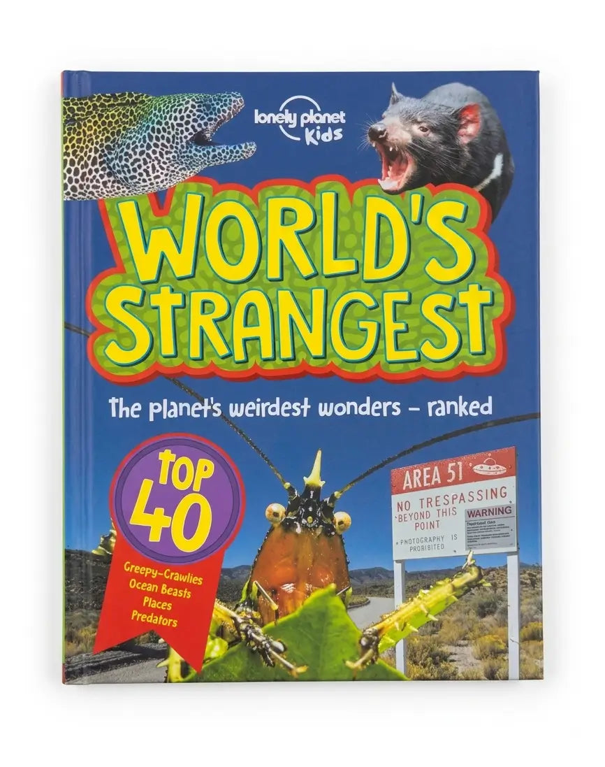 A children's book titled "World's Strangest" by Lonely Planet Kids, featuring a colorful cover with illustrated animals and bold yellow title text on a blue background.