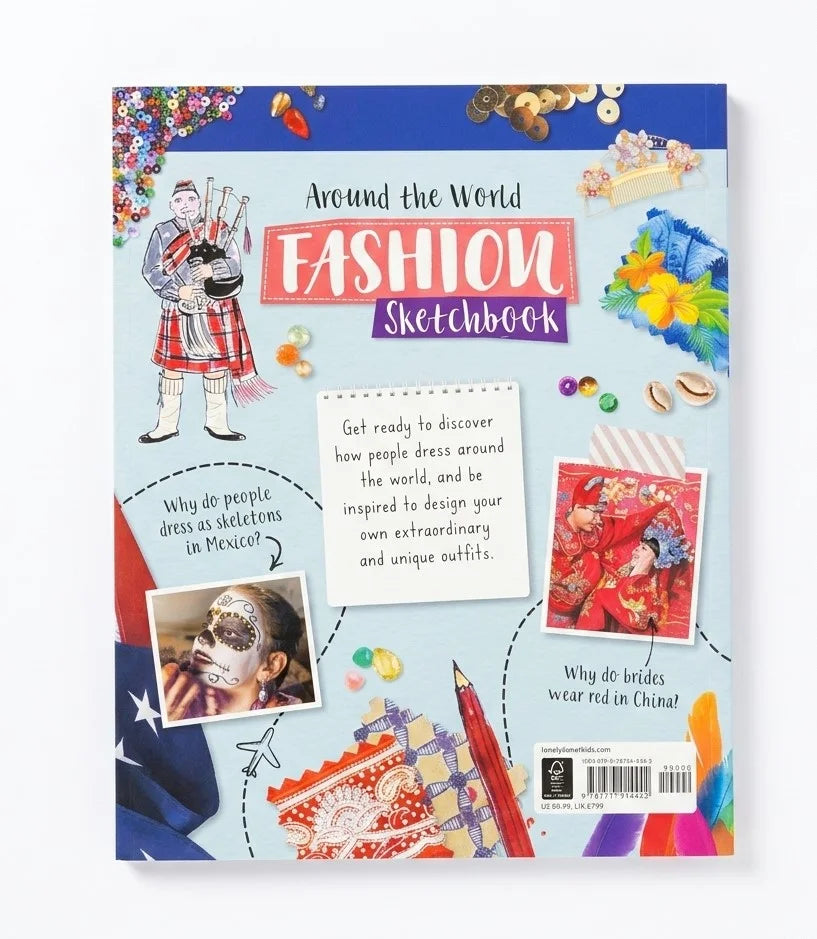 Around the World Fashion Sketchbook cover featuring a light blue background with colorful fashion illustrations, text panels, and decorative sketches.