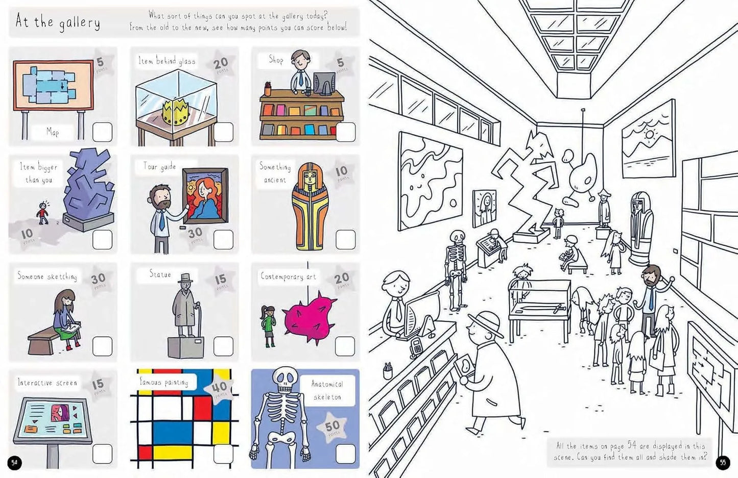 Coloring book page with illustrations of a gallery scene, people, and artworks.