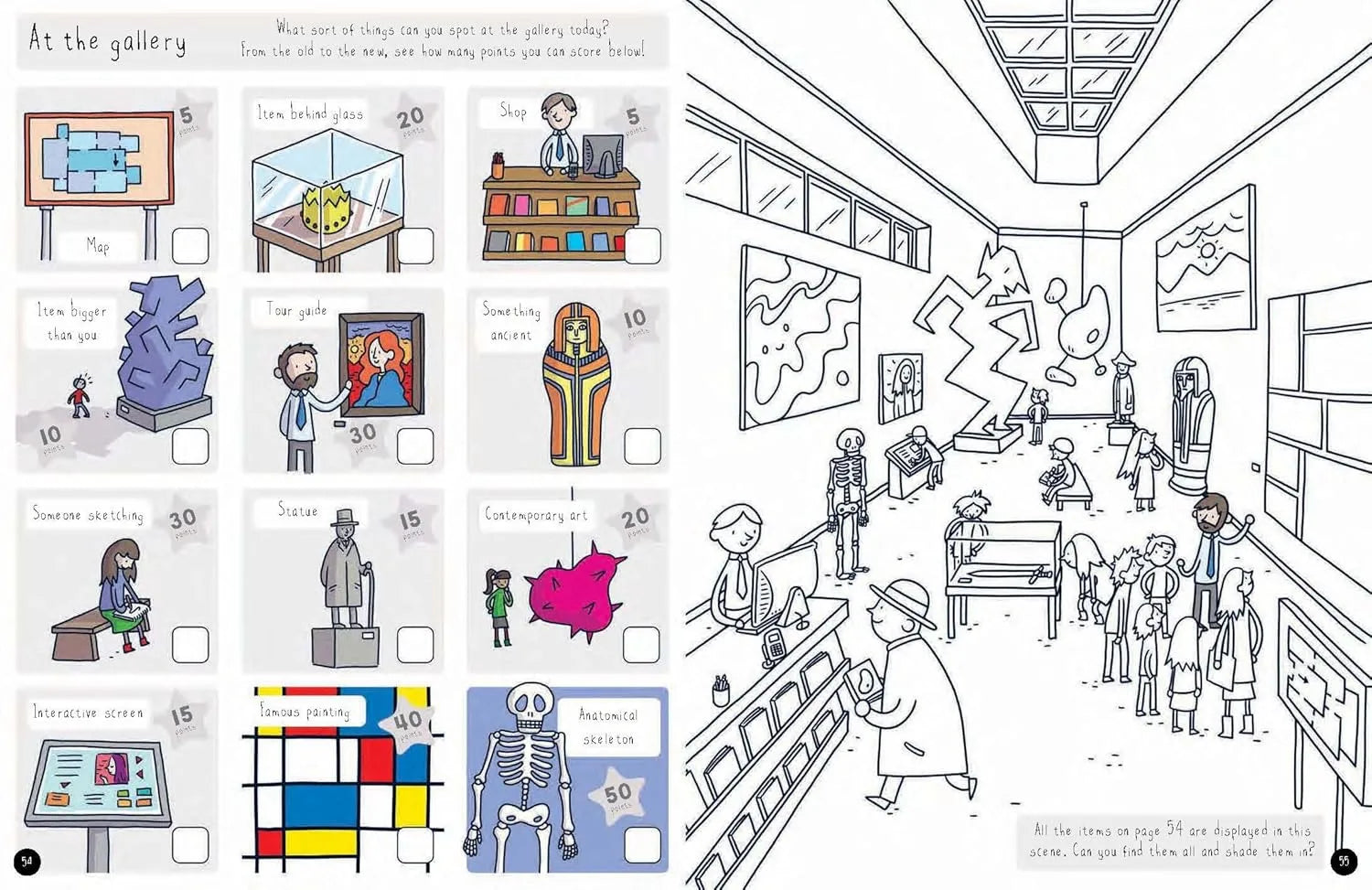 Coloring book page with illustrations of a gallery scene, people, and artworks.