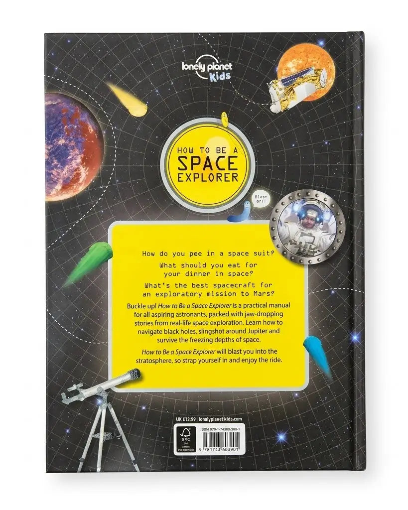 Lonely Planet Kids 'How to Be a Space Explorer' activity booklet cover, featuring a black space-themed background with planets, a telescope, and a yellow title panel.