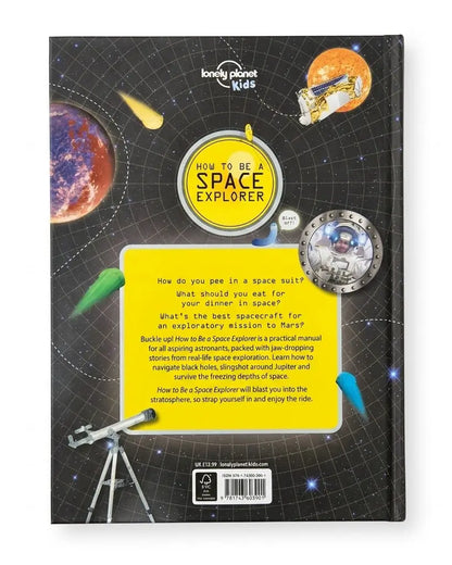 Lonely Planet Kids 'How to Be a Space Explorer' activity booklet cover, featuring a black space-themed background with planets, a telescope, and a yellow title panel.