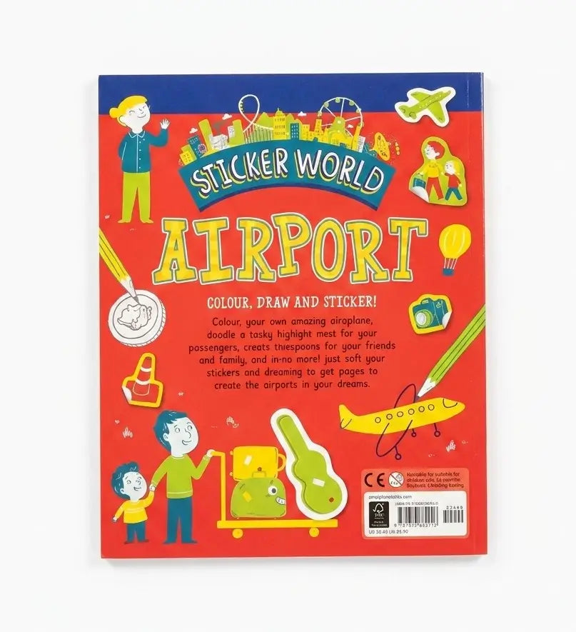 Sticker World Airport activity book cover, featuring a bright red background with colorful cartoon illustrations of airplanes, passengers, and airport-themed stickers.
