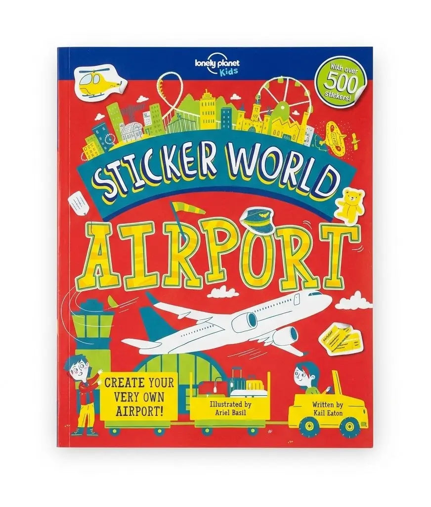 Sticker World Airport book cover by Lonely Planet Kids, featuring a bright red background with colorful airport-themed illustrations, including an airplane, taxi, and cartoon characters.