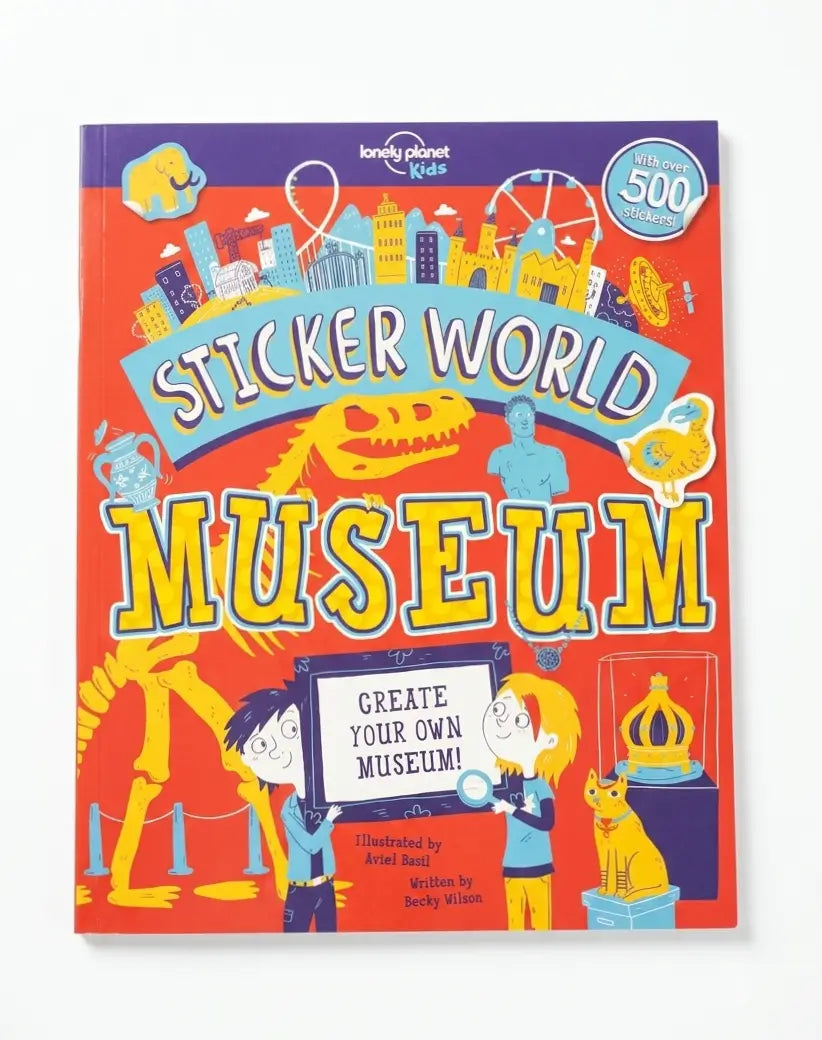 Sticker World Museum activity book cover by Lonely Planet Kids, featuring a bright red background with colorful cartoon illustrations and large yellow title text.