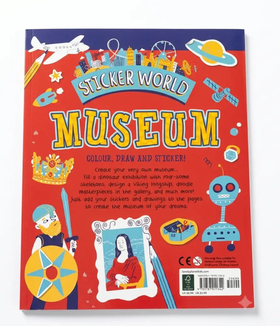 A children's sticker book titled 'Sticker World Museum' with a bright red cover, blue header, and colorful cartoon illustrations including a robot, airplane, crown, and portrait frame.