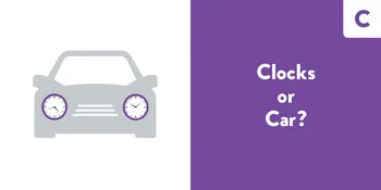 Car icon on a white background with 'Clocks or Car?' text on a purple background.