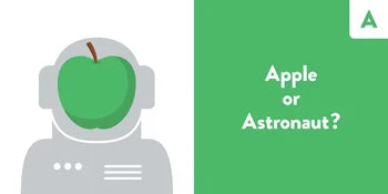 Illustration of an astronaut holding an apple with text 'Apple or Astronaut?' on a green background