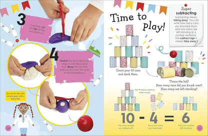 Educational children's book page with hands-on activities and math problems.