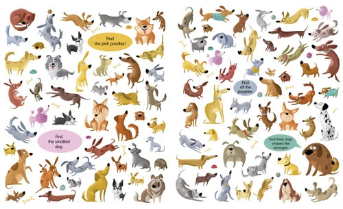 Illustrations of various dogs with different breeds and colors on a white background.