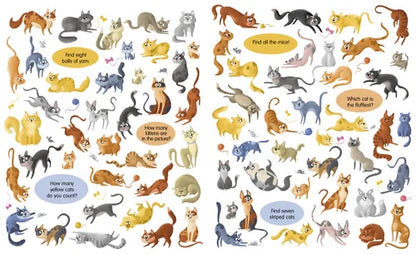 Two pages of a coloring book with various cartoon cats and text prompts.