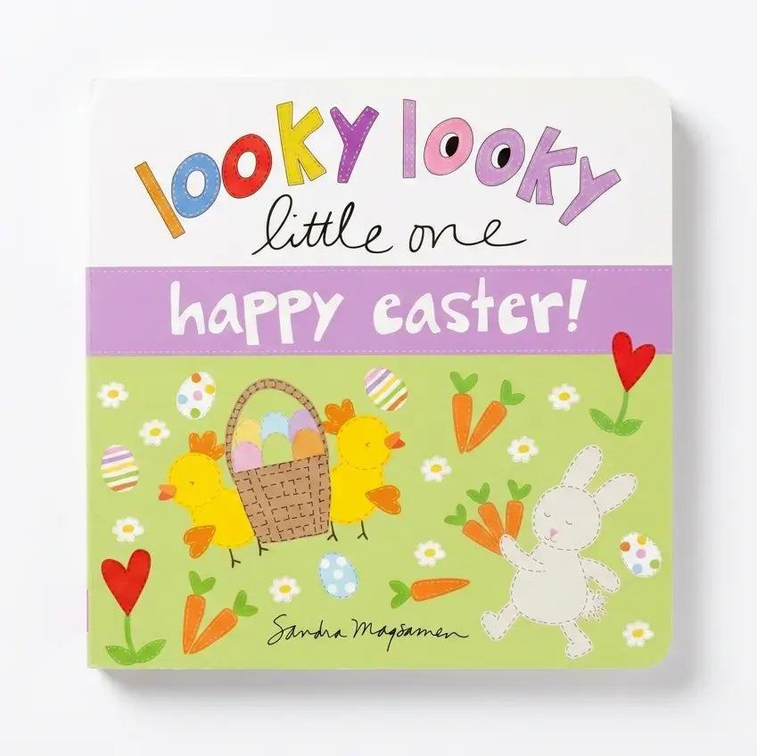 Children's book titled 'Looky Looky Little One Happy Easter!' with Easter-themed illustrations on a white background.