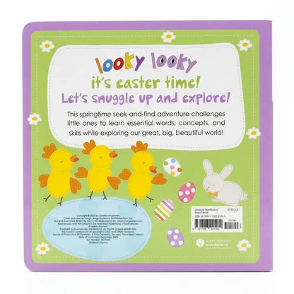 Back cover of a children's book with Easter-themed illustrations and text.