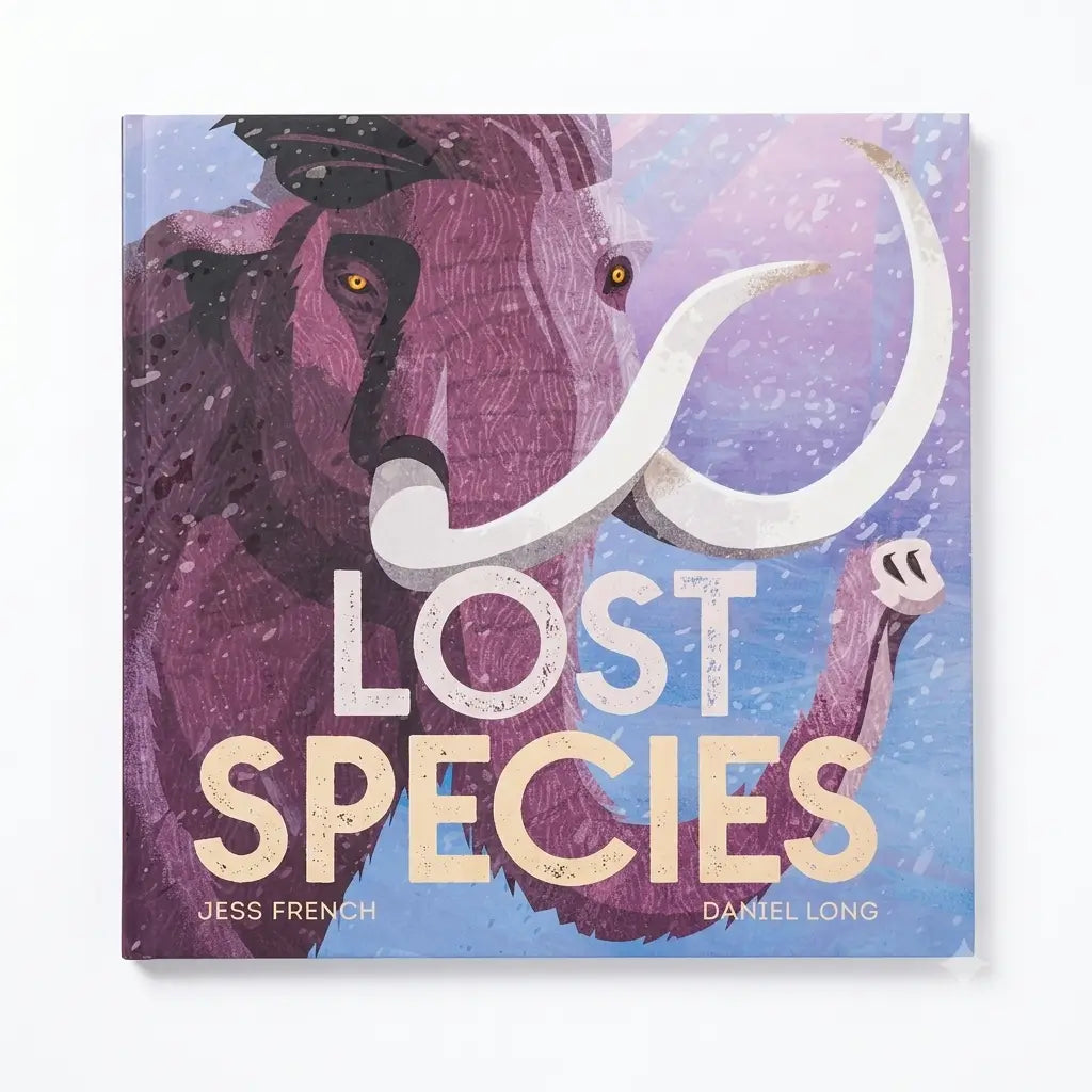 Children's book cover titled 'Lost Species' featuring a stylized purple mammoth illustration with large white tusks against a blue and lavender background. The authors' names Jess French and Daniel Long are printed at the bottom.