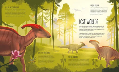 Illustration of dinosaurs in a forest with educational text.