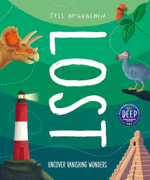 Book cover of 'Lost' by Jess McGeachin with dinosaurs, lighthouse, and pyramid on a green background.