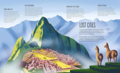 Illustration of a lost city with mountains and llamas, featuring text about 'Lost Cities'.