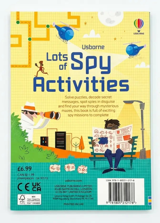 Book cover of 'Lots of Spy Activities' by Usborne with illustrations and text.