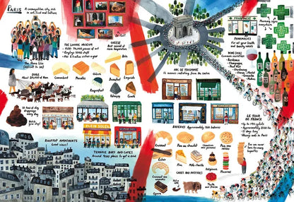 Illustrated map of Paris with various attractions and activities