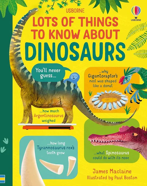 Book cover of 'Lots of Things to Know About Dinosaurs' with illustrations and text.