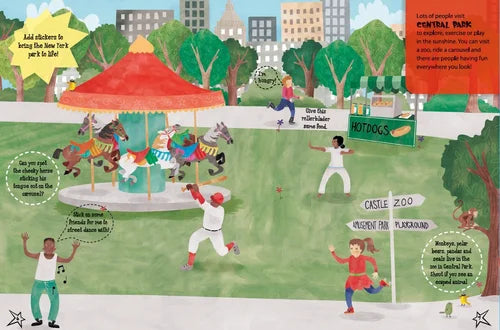 Illustration of a park scene with a carousel, children playing, and a hotdog stand.