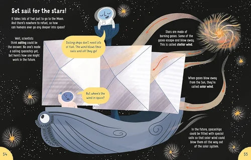 Illustrated page from a children's book about space travel and wind in space, featuring a whale and envelope.