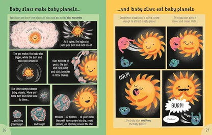 Illustrated pages from a children's book about baby stars and baby planets.