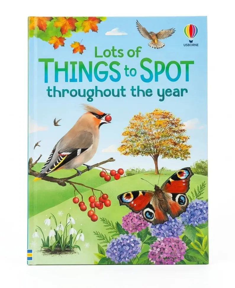 A children's activity book titled 'Lots of THINGS to SPOT throughout the year' by Usborne, featuring a colorful cover with illustrations of a bird, butterfly, tree, flowers, and leaves on a light blue sky background.