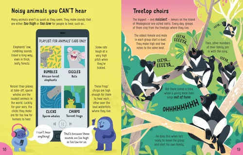 Illustrated book page about noisy animals with text and graphics on a colorful background.