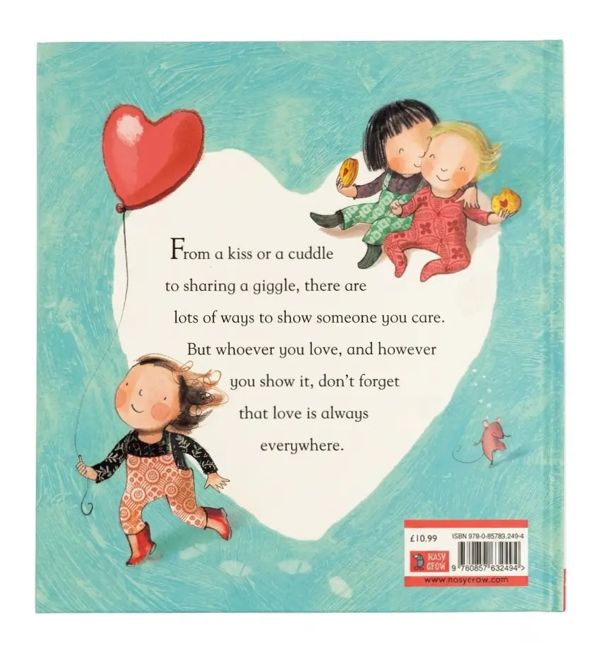 Book cover with illustrations of children and a heart-shaped balloon, featuring a message about showing love.