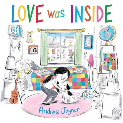 Illustrated book cover of 'Love was Inside' by Andrew Joyner, showing a couple in bed with a dog.