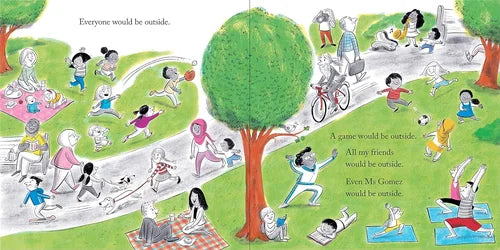 Illustrated children's book page with children playing outdoors and text about wanting to be outside.