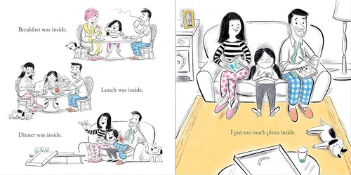 Illustrations of a family's daily routine from breakfast to dinner, with a humorous twist about pizza.