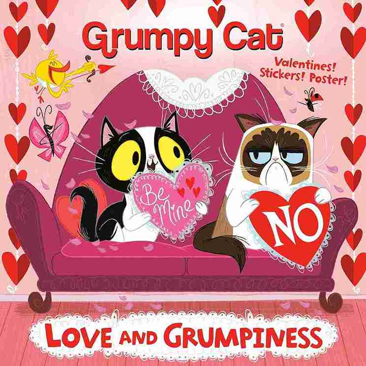 Valentine's Day-themed product with two cats holding hearts and text on a pink background with hearts.