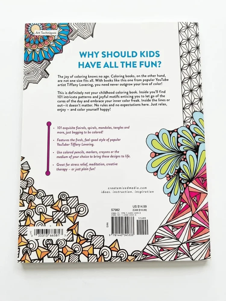 Back cover of a coloring book with abstract designs and text.