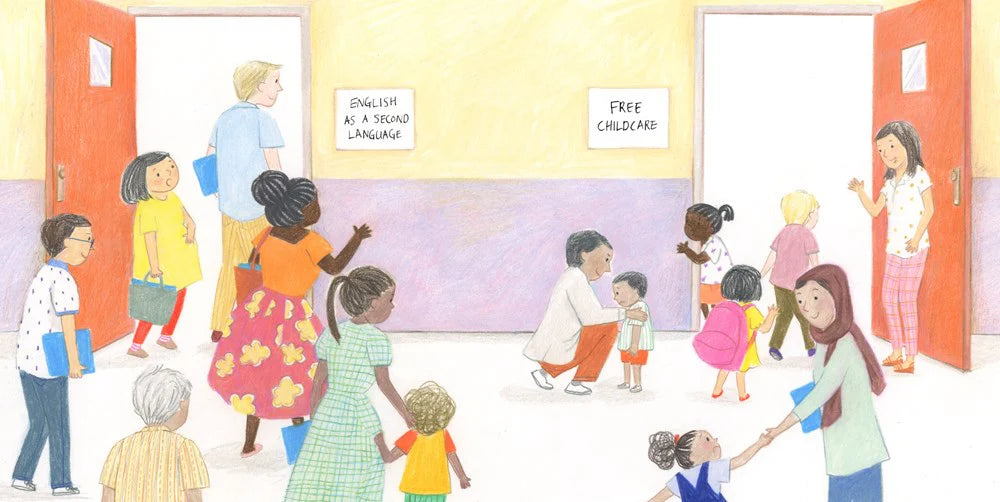 Illustration of a school hallway with children and teachers, featuring signs for 'English as a Second Language' and 'Free Childcare'.