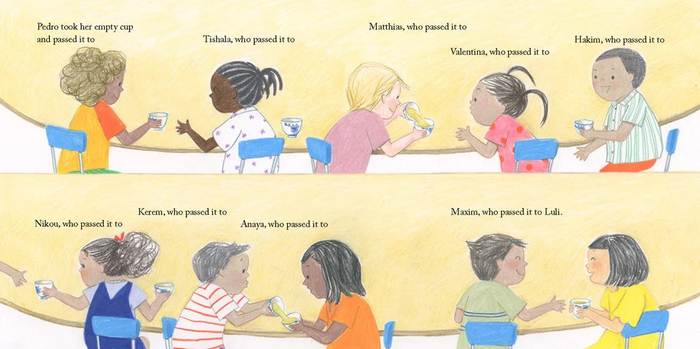 Illustration of children passing a cup around a table with text labels.