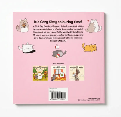 The back cover of a pink children's coloring book titled 'It's Cozy Kitty colouring time!' by M.E.