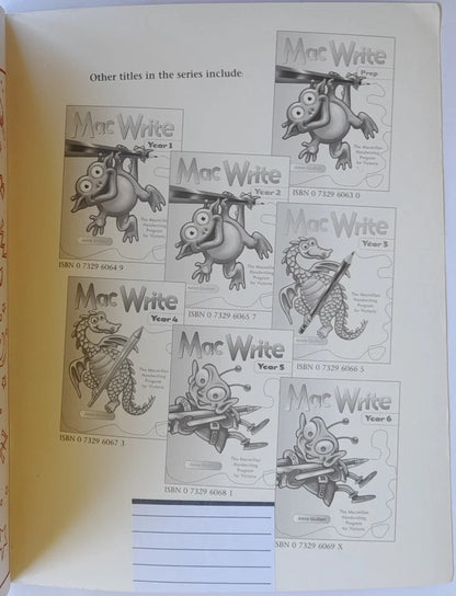 Illustrations of cartoon characters on a book page with text about 'Mac Write' series.