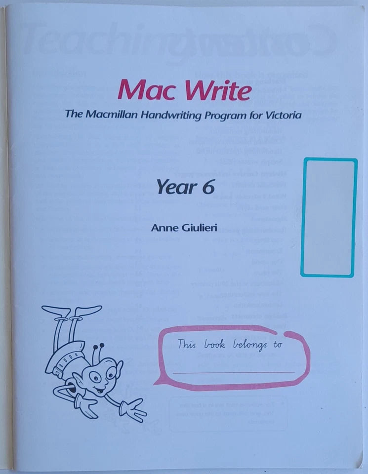 Book cover of 'Mac Write' handwriting program for Year 6 by Anne Giulieri on a light blue background.