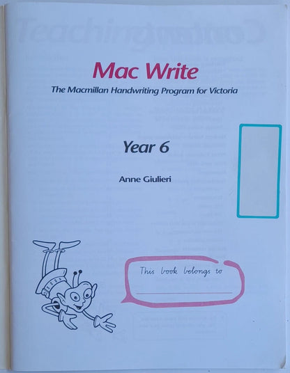 Book cover of 'Mac Write' handwriting program for Year 6 by Anne Giulieri on a light blue background.