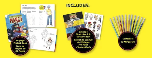 The Art of Drawing Manga Kit: Everything you need to become a manga master-Includes: 64-page project book, 32-page sketchbook, 1 sticker sheet, 12 markers