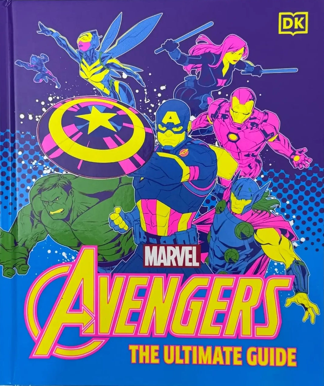 Marvel Avengers book cover with superhero characters on a blue and purple background