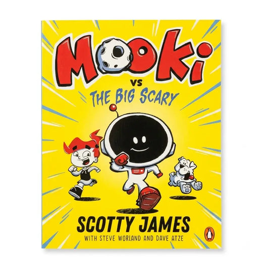 Children's book cover for 'Mooki vs The Big Scary' by Scotty James, published by Penguin. The cover features a bright yellow background with comic-style illustrations of Mooki, a clown, a dog, and the title in bold red and blue lettering.