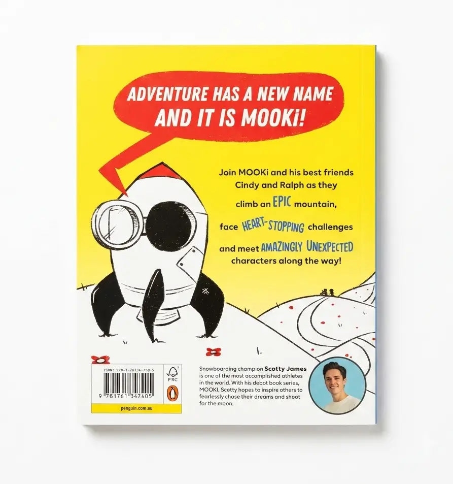The back cover of a children's book titled 'Adventure Has a New Name and It is Mooki!' featuring a bright yellow background, a cartoon penguin wearing goggles, and text with a small author photo at the bottom right.